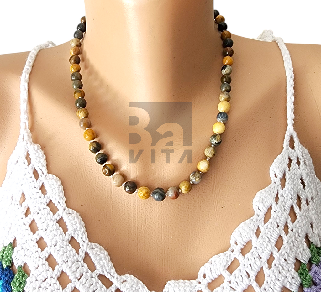 Doğal Taş Kolye-T9 Ağaç Fosili Jasper Faset Kesim 45 cm