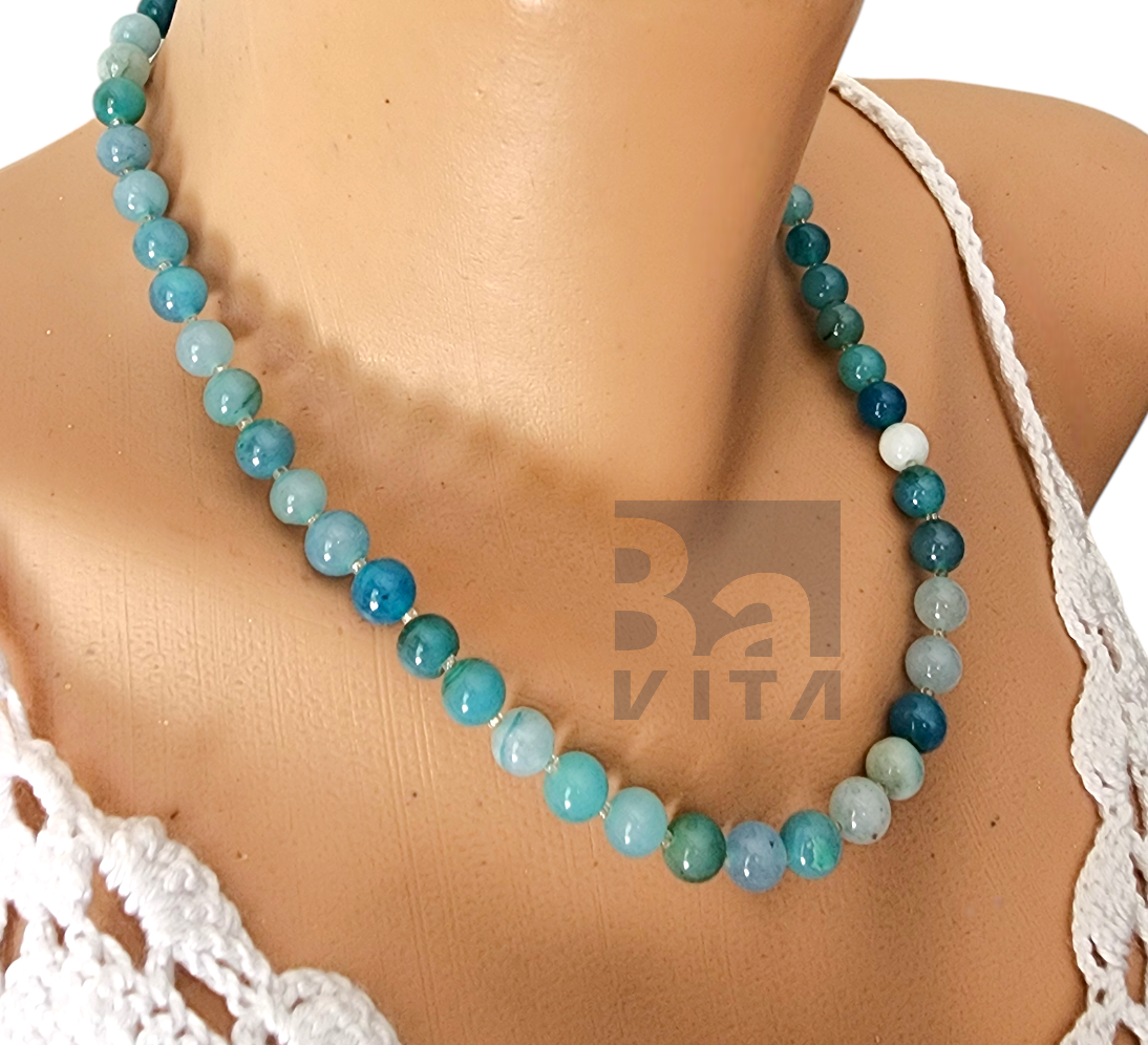 Doğal Taş Kolye-T8 Mavi Akik Taşı 45 cm