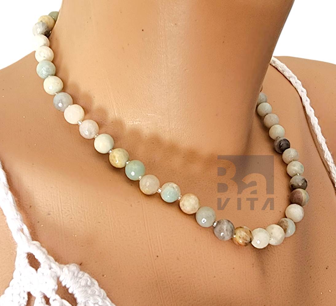 Doğal Taş Kolye-T9 Amazonit Taşı Faset Kesim 45 cm