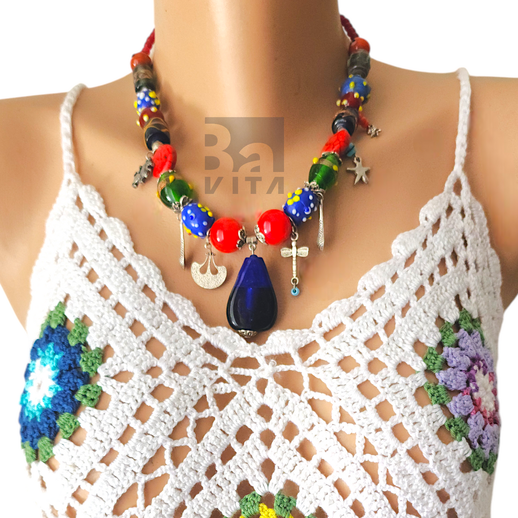 Cam Boncuk Kolye-T1 Renkli 45 cm