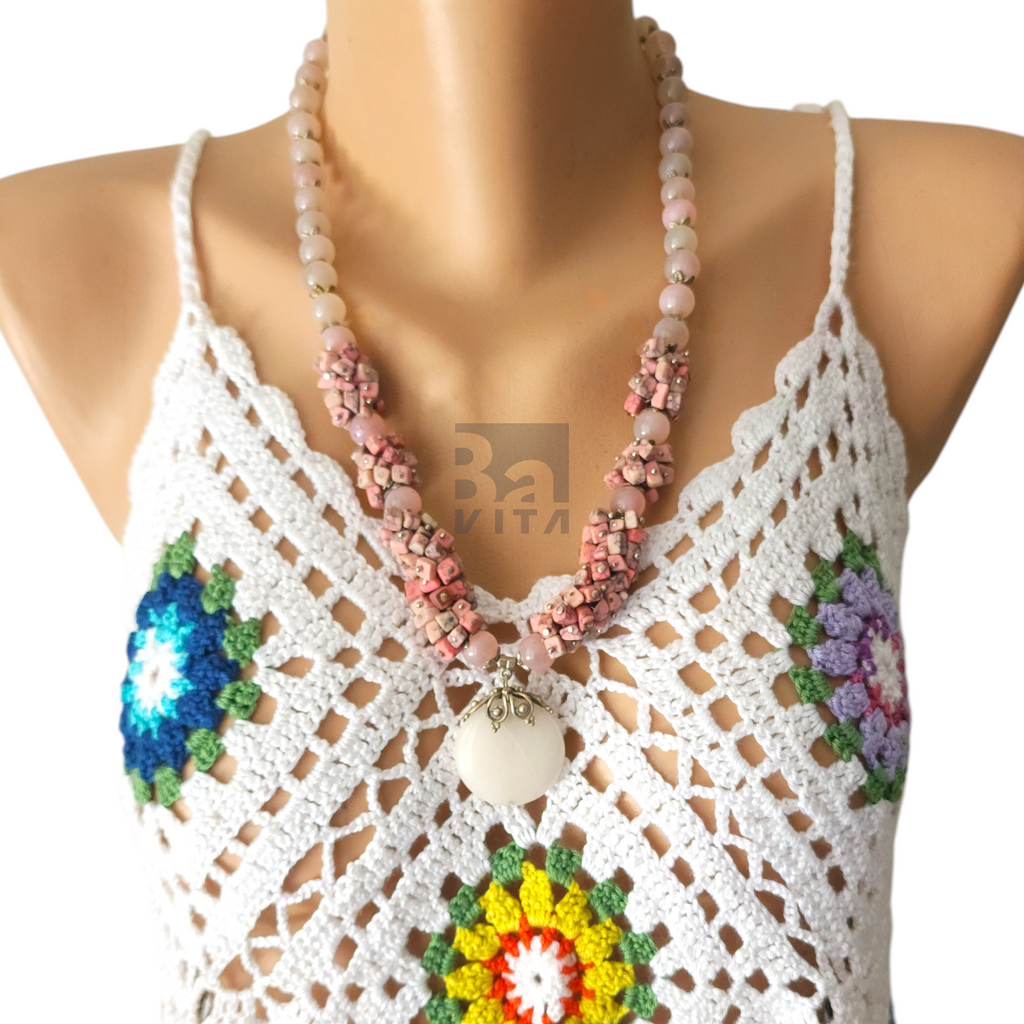 Doğal Taş Kolye-T1 Pembe Kuvars 60 cm