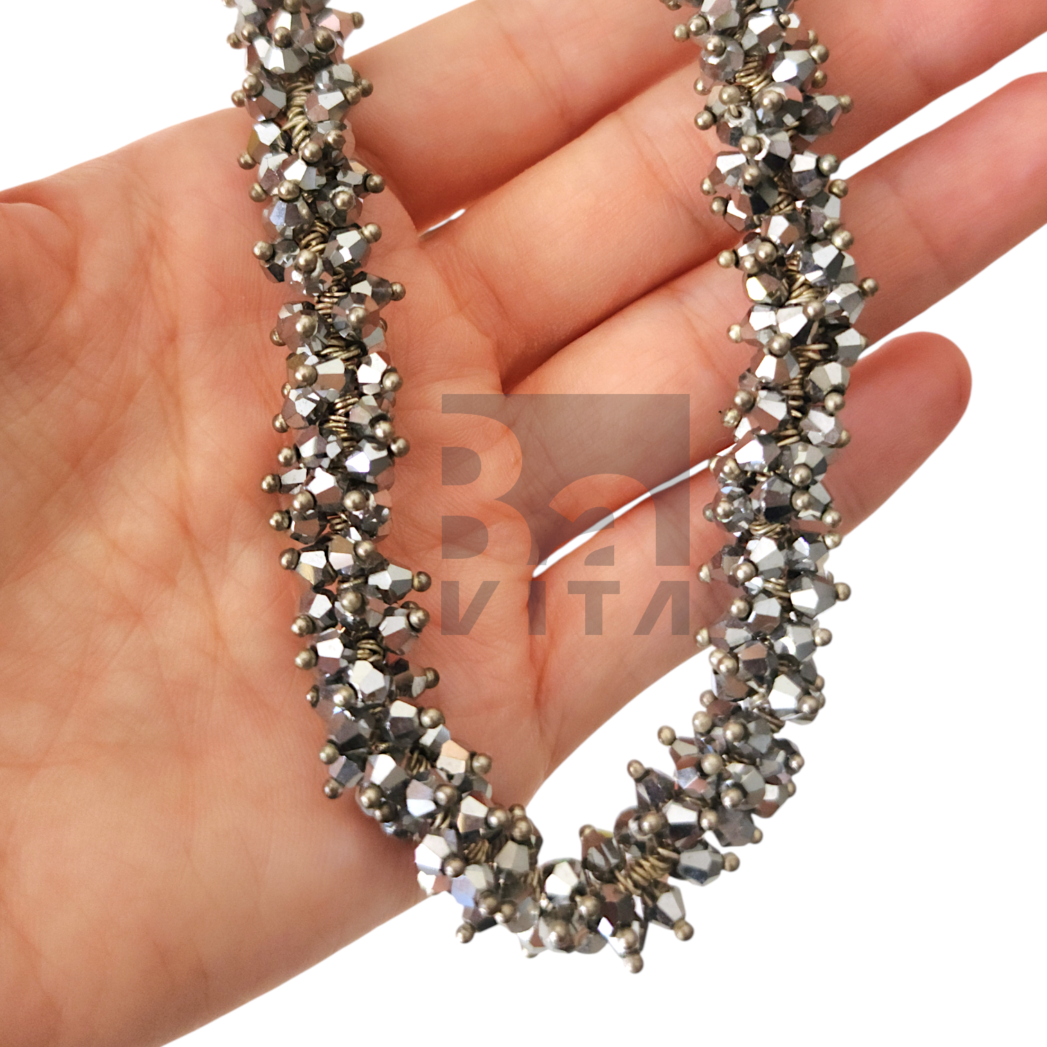 Kum Boncuk Kolye-T4 Facet Kesim Gümüş Renk 80cm