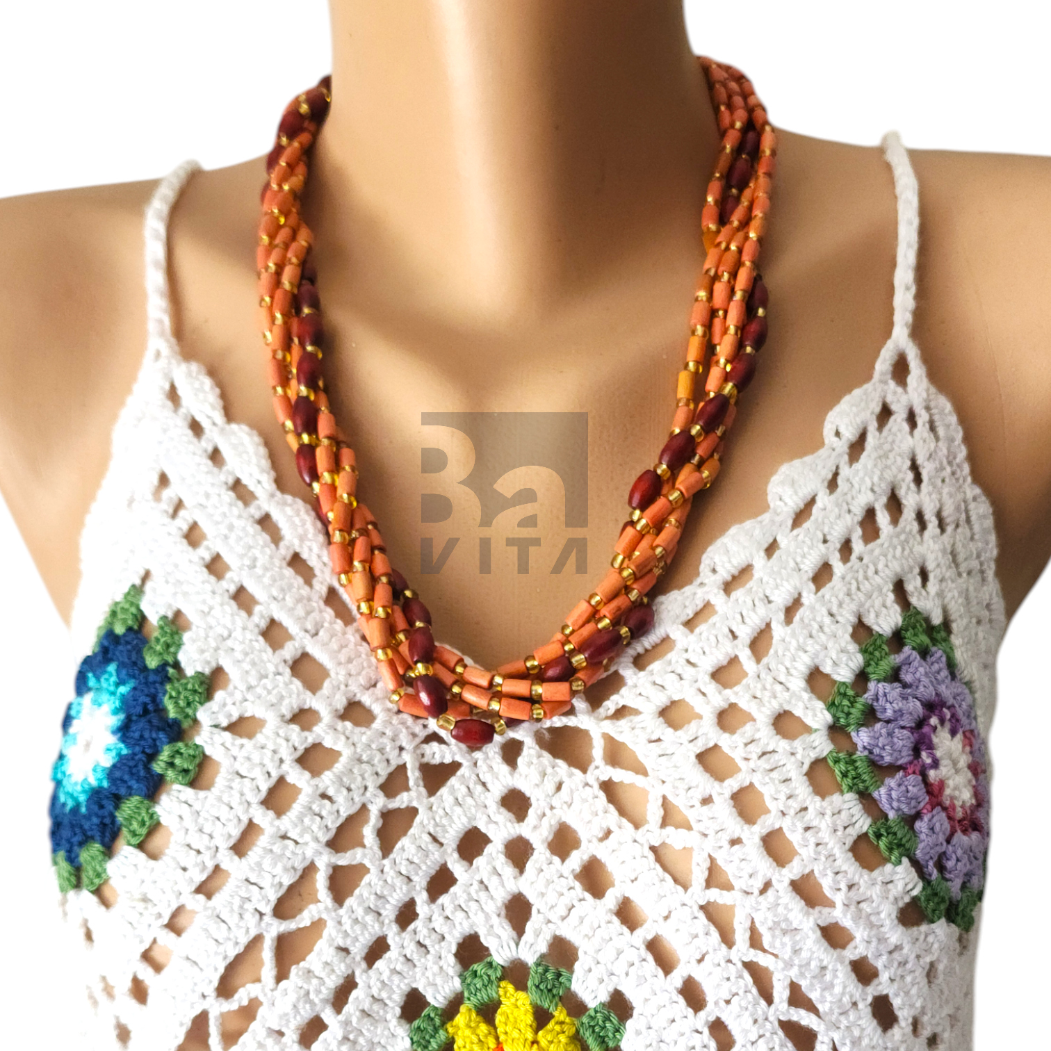 Ahşap Boncuk Kolye-T1 Somon/Kahve 60cm