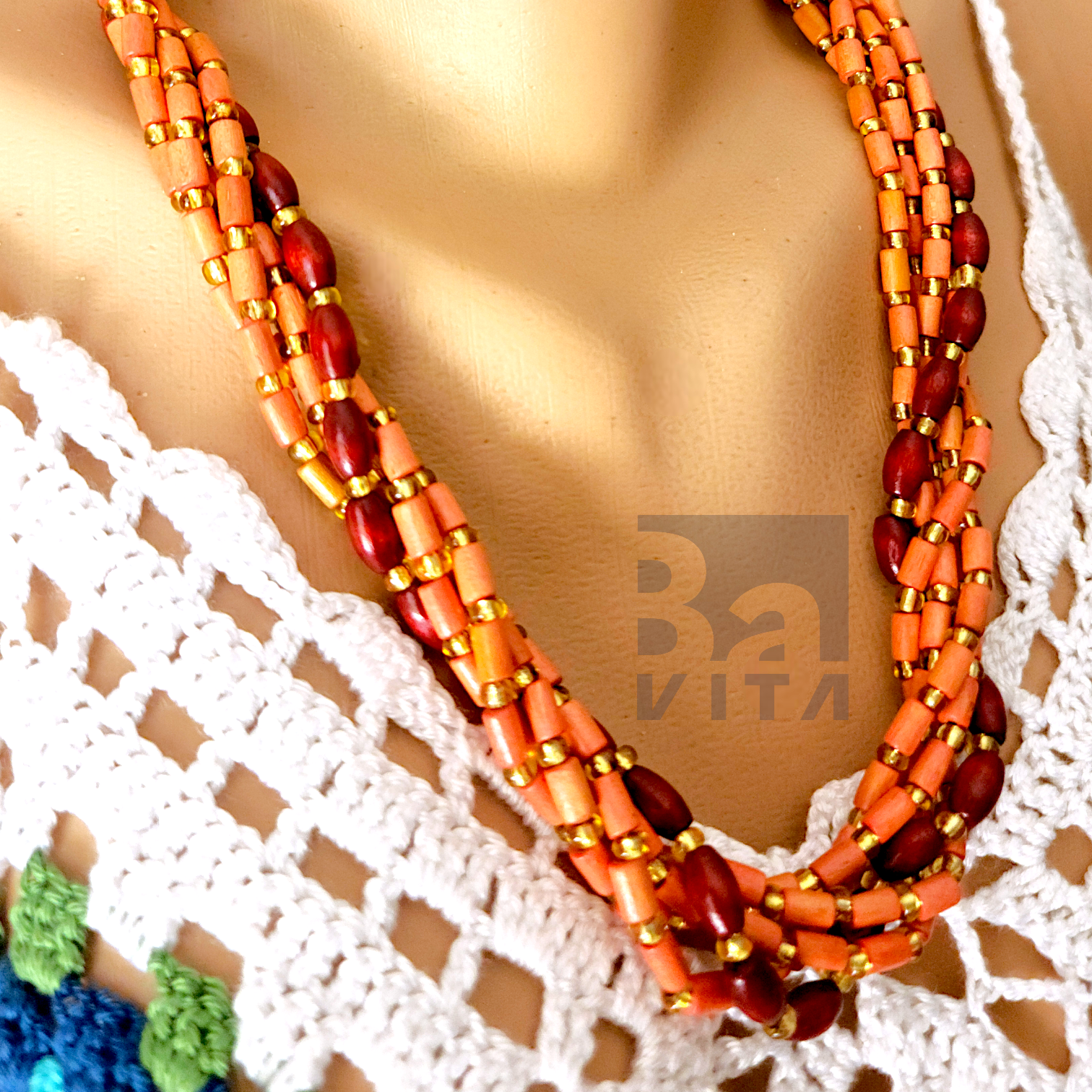 Ahşap Boncuk Kolye-T1 Somon/Kahve 60cm