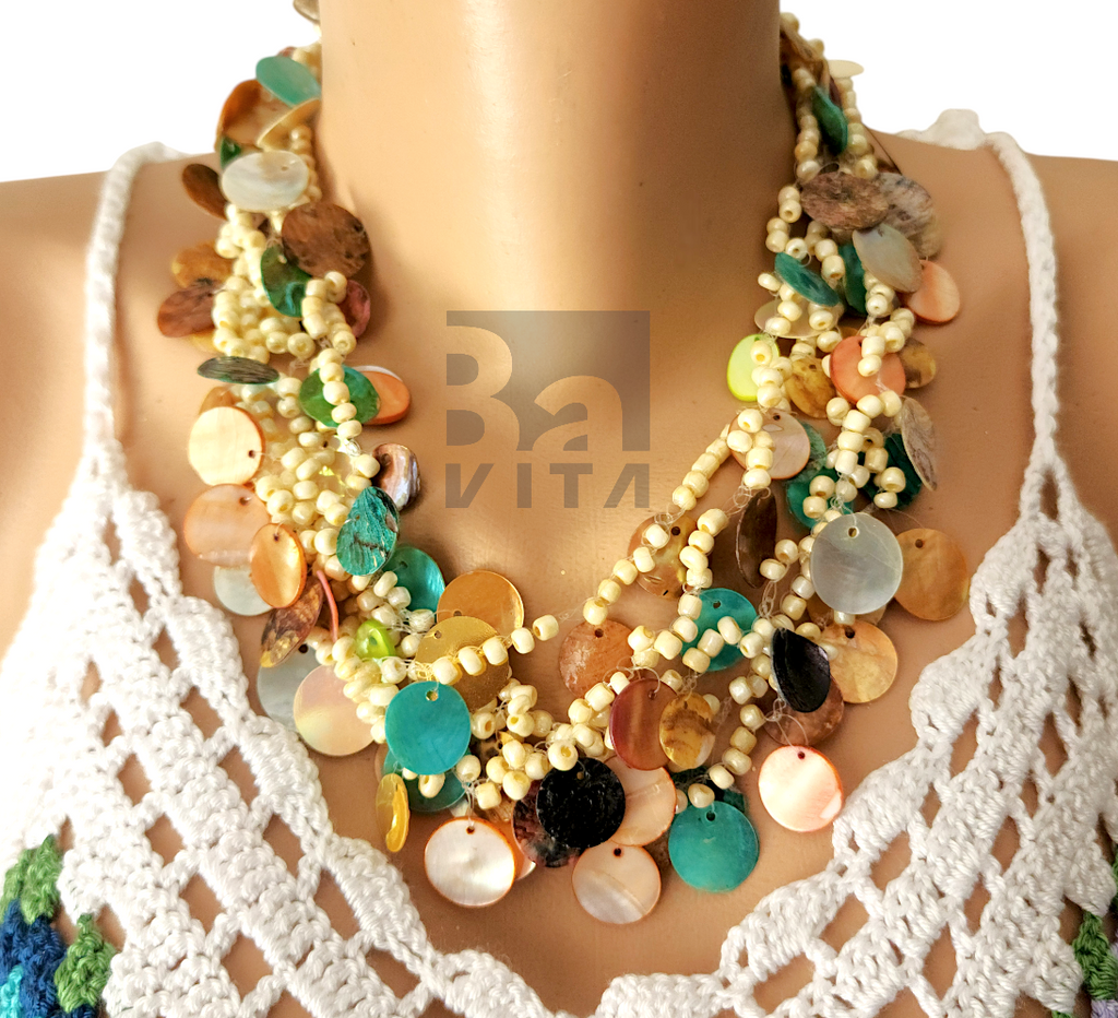 Deniz Kabuğu Pul Boncuk Kolye-T1 Renkli 60cm